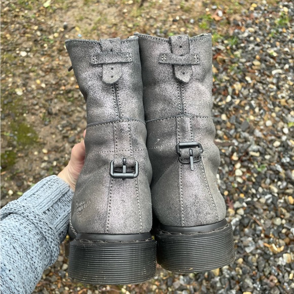 Dr Martens Aimilie Incandescent Gun Metal Suede Leather Fold over Combat boot  8 - Picture 6 of 15